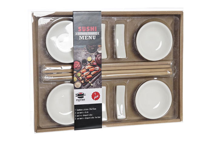 DKD Home Decor Set de 12 Sushi Oriental Blanco Natural Gres Bambú 20.3 x 2.5 x 27.3 cm