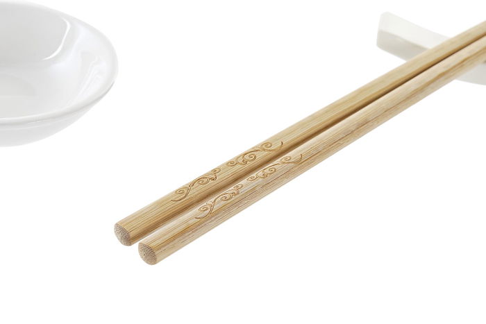 DKD Home Decor Set de 12 Sushi Oriental Blanco Natural Gres Bambú 20.3 x 2.5 x 27.3 cm