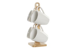 DKD Home Decor Tazas Scandi Lianfeng 21 Blanco Natural Set de 4 Piezas 300ml Gres Rubberwood Apto Microondas Lavavajillas 13x31x19 cm