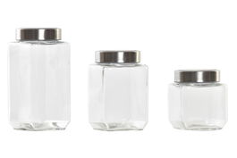 DKD Home Decor Bote Cristal Inox Transparente Plateado Set de 3 Piezas 8.5 x 18 x 8.5 cm