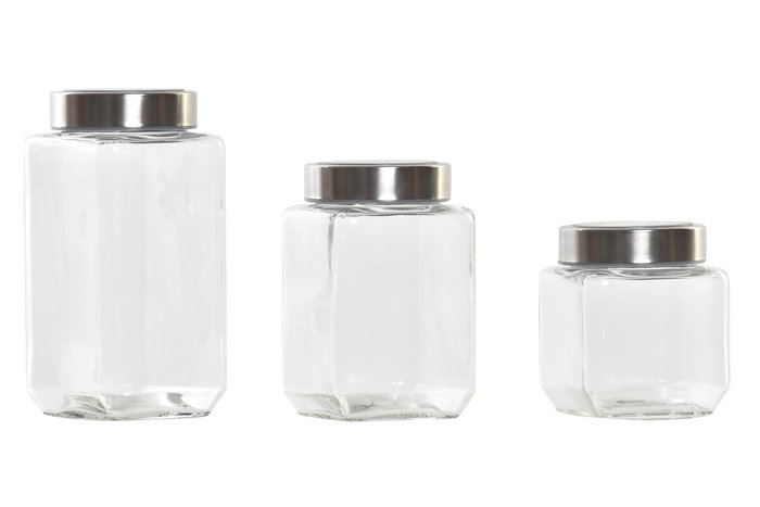 DKD Home Decor Bote Cristal Inox Transparente Plateado Set de 3 Piezas 8.5 x 18 x 8.5 cm DKD Home Decor Bote Cristal Inox Transparente Plateado Set de 3 Piezas 8.5 x 18 x 8.5 cm