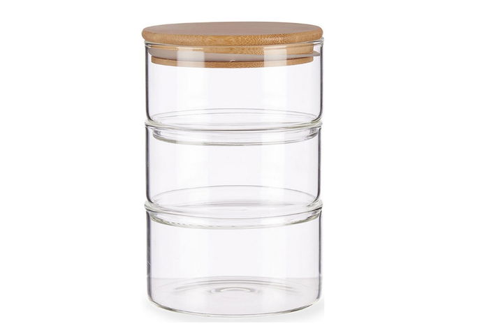 DKD Home Decor Bote Vidrio Borosilicato Bambú Transparente Natural Set 3 Piezas 470ml 10x7.5x10cm