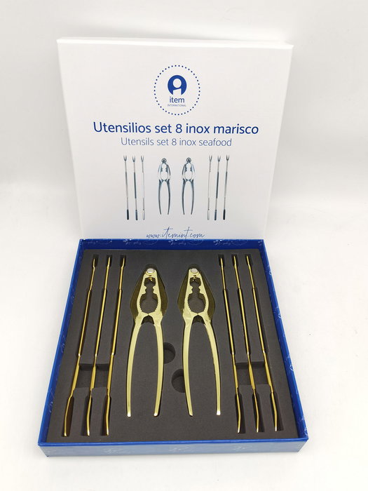 DKD Home Decor Set de 8 Utensilios de Marisco de Acero Inoxidable Dorado, 15 cm de largo, Apto para Lavavajillas