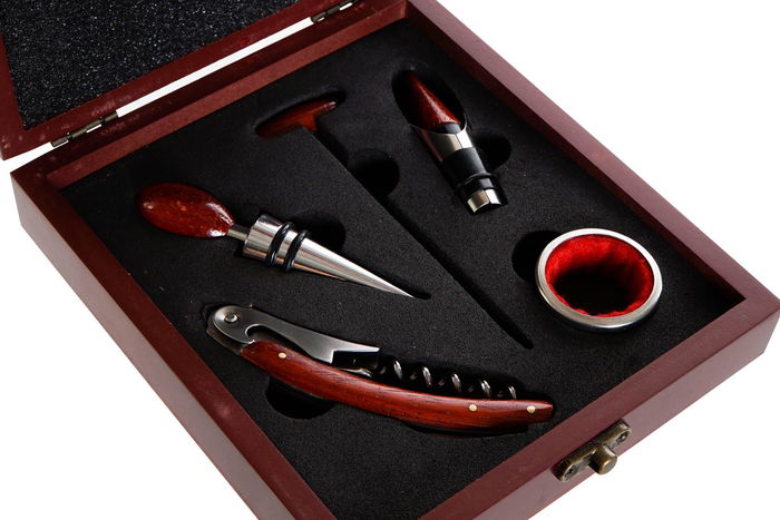 DKD Home Decor Set de 5 piezas Vino Winery, Inox y MDF, Marrón Oscuro y Plateado, 19 x 5 x 16.5 cm