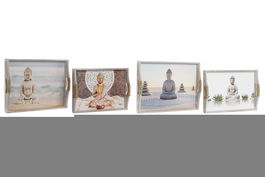 DKD Home Decor Bandeja Oriental Gris Marron MDF Buda 30 x 6 x 40 cm Set de 2