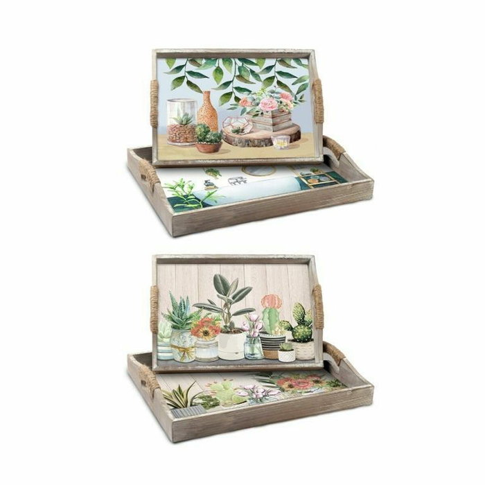DKD Home Decor Set de 2 Bandejas de MDF con Macetas Surtidas en Verde y Beige