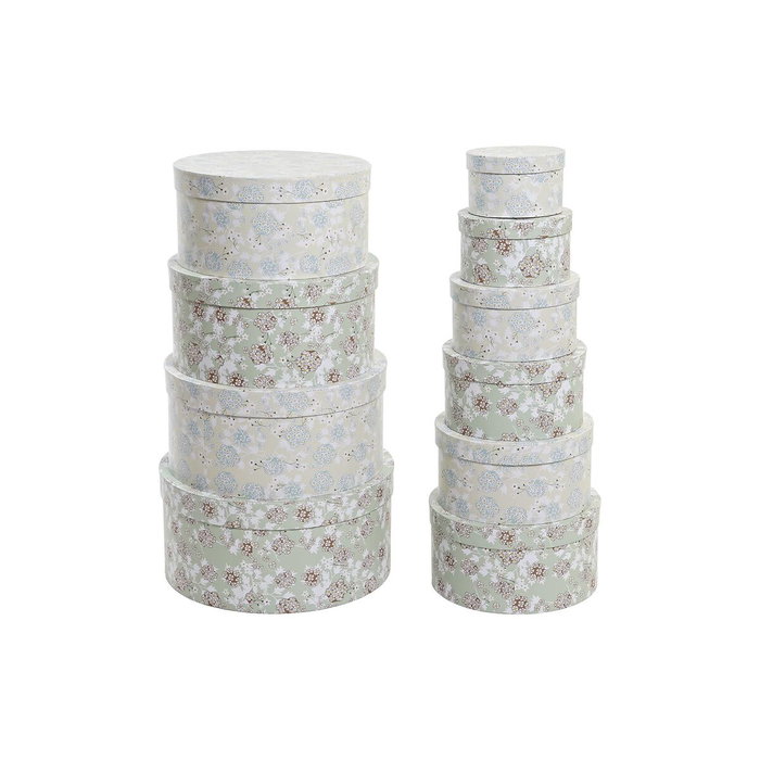 DKD Home Decor Set de 10 Cajas Redondas de Cartón Verde con Flores
