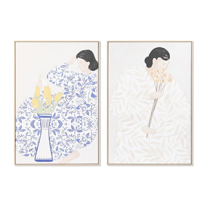 DKD Home Decor Set de 2 Cuadros de Mujer y Flores en Lienzo 80x120 cm beige, azul, negro y amarillo DKD Home Decor Set de 2 Cuadros de Mujer y Flores en Lienzo 80x120 cm beige, azul, negro y amarillo