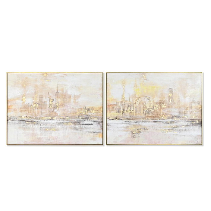 DKD Home Decor Set de 2 Cuadros Lienzo New York 80x60 cm Beige y Dorado