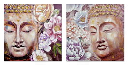 DKD Home Decor Cuadro Oriental Beige Lila Buda 80 x 80 cm (2 Unidades) Lienzo MDF