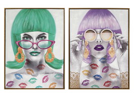 DKD Home Decor Set de 2 Cuadros Lienzo Chica Fashion 60x80 cm Surtido de Colores