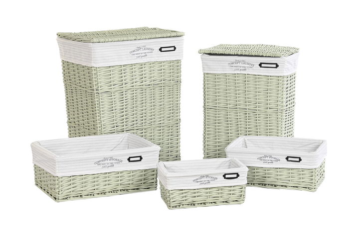 DKD Home Decor Cesta Ropa Basicos Verde Mimbre Poliester Set 5 Piezas 34 x 56 x 44 cm