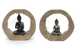 DKD Home Decor Figura de Buda sobre Tronco en Resina, Pack de 2 unidades