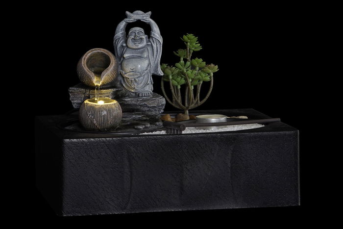 DKD Home Decor Fuente Oriental Buda Resina LED Negro Gris 2 Unidades 21 x 23 x 29 cm