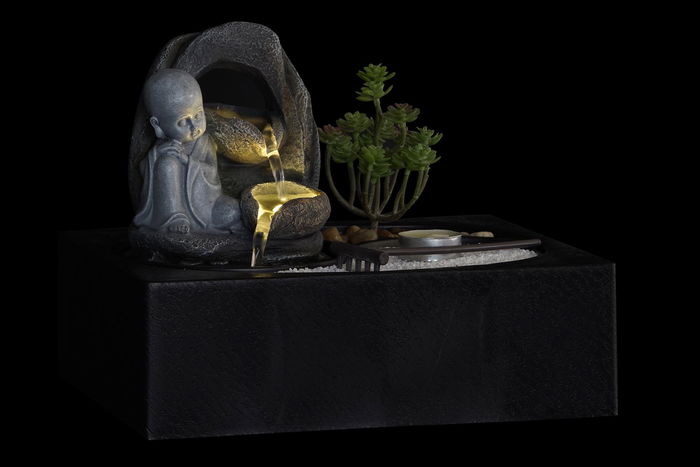 DKD Home Decor Fuente Oriental Buda Resina LED Negro Gris 2 Unidades 21 x 23 x 29 cm