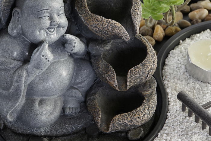 DKD Home Decor Fuente Oriental Buda Resina LED Negro Gris 2 Unidades 21 x 23 x 29 cm