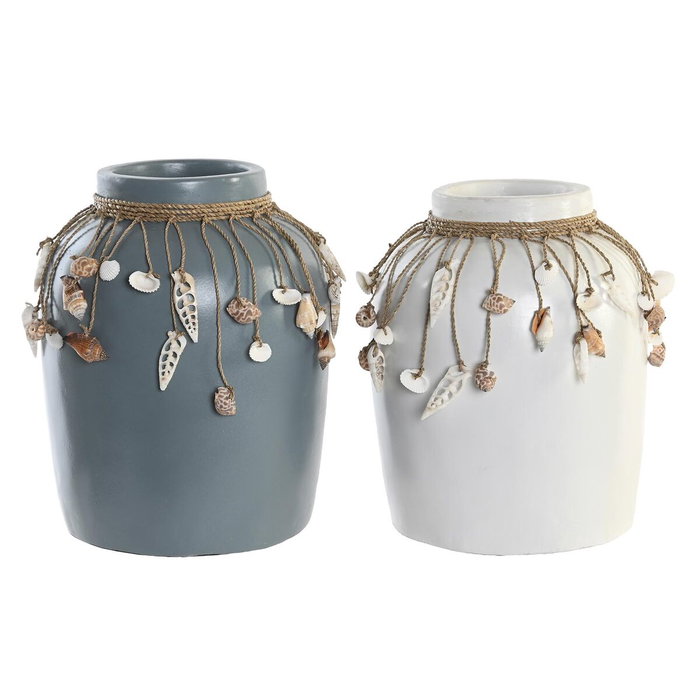 DKD Home Decor Set de 2 Jarrones de Bambú y Conchas Azul y Blanco DKD Home Decor Set de 2 Jarrones de Bambú y Conchas Azul y Blanco