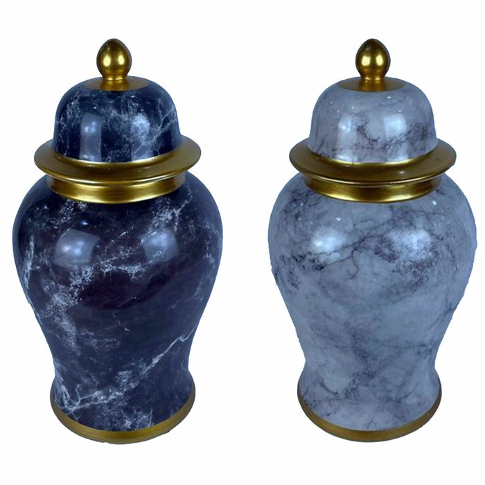 DKD Home Decor Tibores de Porcelana Símil Mármol, Pack de 2 Surtidos (Dorado y Azul)