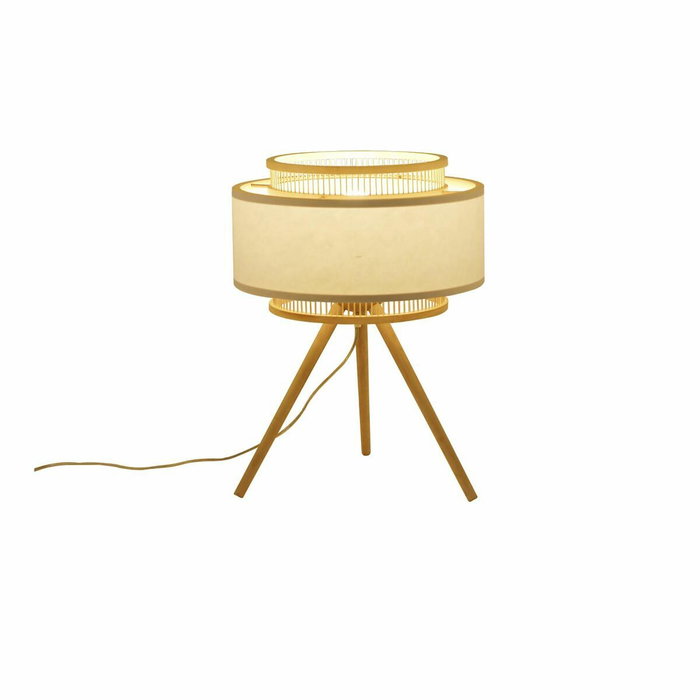 DKD Home Decor Lámpara de Sobremesa de Bambú y Poliéster E27 Marrón Claro y Blanco