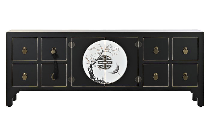 DKD Home Decor Mueble TV Masako Oriental Negro Dorado