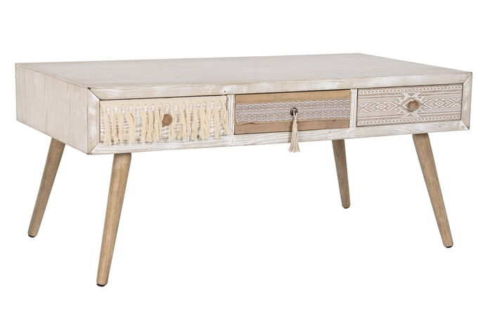 DKD Home Decor Mesa Centro Boho Blanco Natural Madera de Abeto y Algodón 110x60x50 cm