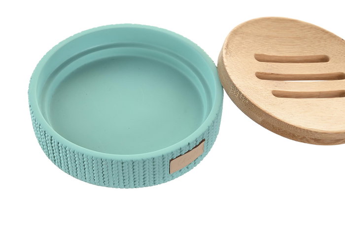 DKD Home Decor Jabonera Verde Menta Cemento y Bambú 11 x 11 x 2.5 cm