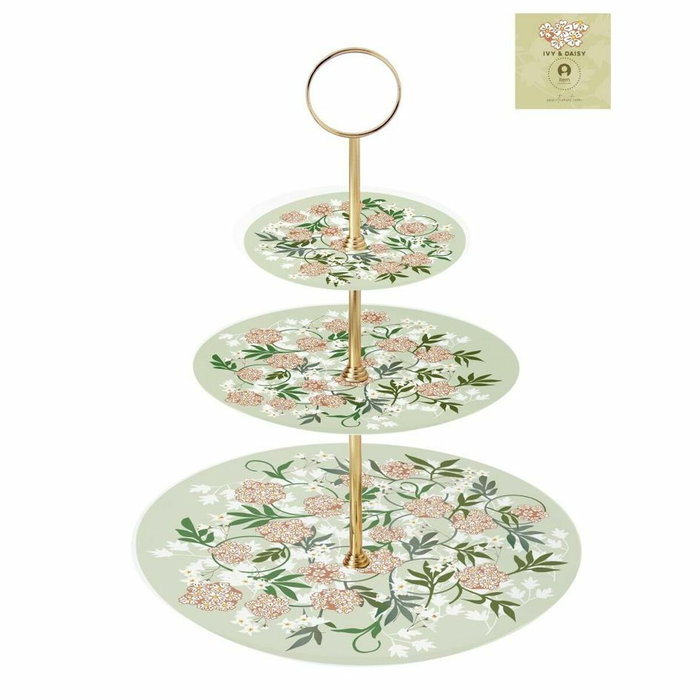 DKD Home Decor Frutero de Porcelana y Metal 3 Pisos Verde y Beige