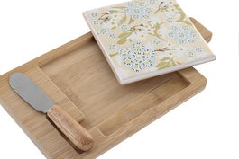 DKD Home Decor Tabla Aperitivo Tradicional bambú gres Set de 3 Verde Beige Blanco 11.8 x 1.5 x 21.5 cm