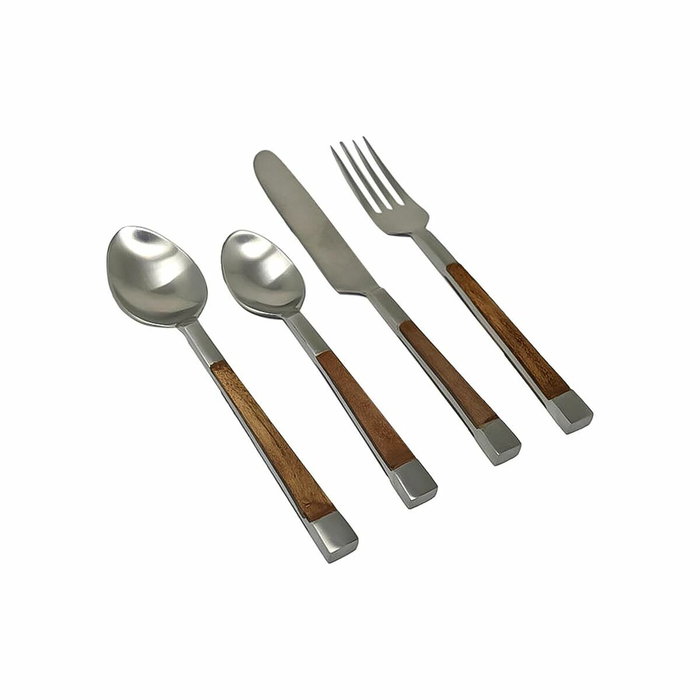 DKD Home Decor Set de Cubertería 16 Piezas Acero Inoxidable y Acacia Natural