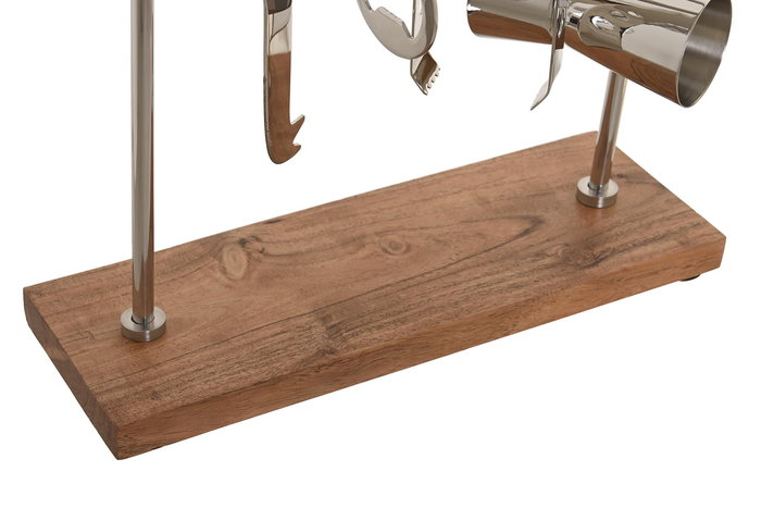 DKD Home Decor Set de 4 Platos Coctel Glam Plateado Natural Inox Acacia 25.5 x 30 cm