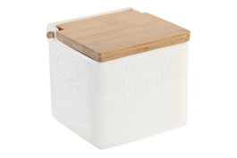 DKD Home Decor Salero Blanco Natural Porcelana Bambú 11.5 x 11.5 x 12 cm