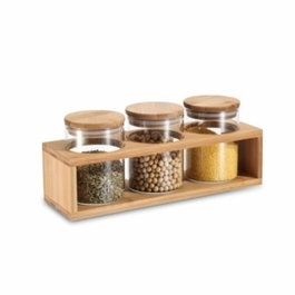 DKD Home Decor Set de 3 Botes de Borosilicato y Bambú Natural