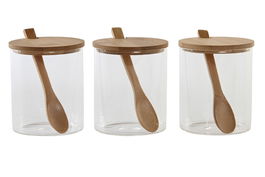 DKD Home Decor Azucarero Natural Borosilicato Bambú Set 3 Piezas Cuchara 11 x 10.5 x 31 cm