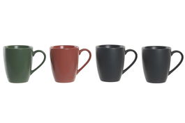 DKD Home Decor Lianfeng 21 Taza de Gres con Tapa Rubberwood, Set de 4, 300ml, Verde/Rosa/Gris Oscuro, 13 x 31 x 19 cm