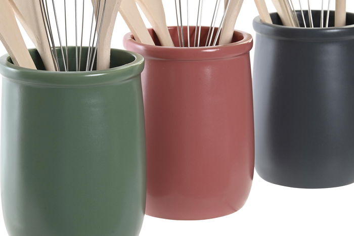 DKD Home Decor Lianfeng 21 Bote Utensilios Gres Rubberwood Set 5 Verde Rosa Gris Oscuro Natural 10x10x14 cm