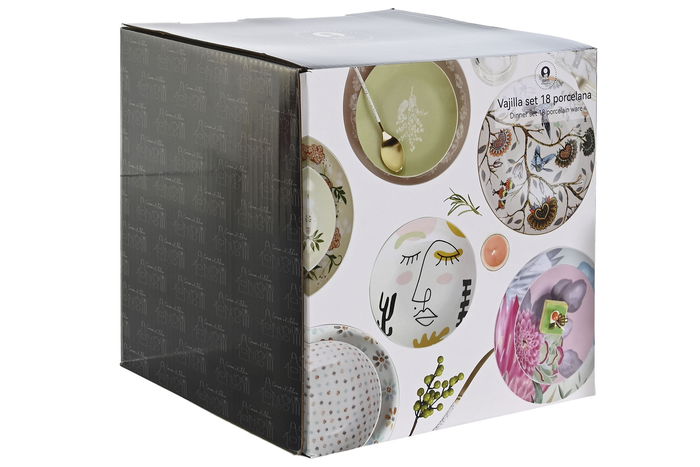 DKD Home Decor Vajilla Porcelana Set 18 Piezas Azul Verde Hojas 27 x 27 x 3 cm