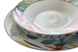 DKD Home Decor Vajilla Porcelana Set 18 Piezas Azul Verde Hojas 27 x 27 x 3 cm