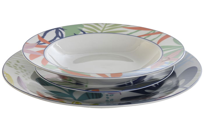 DKD Home Decor Vajilla Porcelana Set 18 Piezas Azul Verde Hojas 27 x 27 x 3 cm