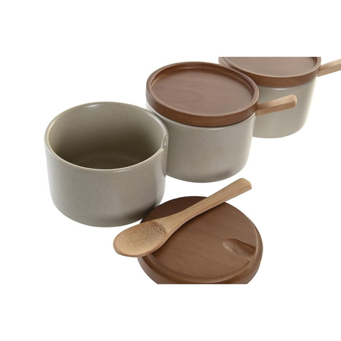 DKD Home Decor Set de Azucarero de 3 Piezas en Porcelana y Rubberwood Beige