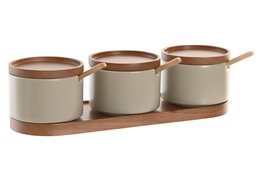 DKD Home Decor Set de Azucarero de 3 Piezas en Porcelana y Rubberwood Beige