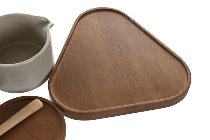 DKD Home Decor Azucarero y Lechera Beige Marron Rubberwood Porcelana Set 2 Piezas 18.5 x 7 x 19.5 cm
