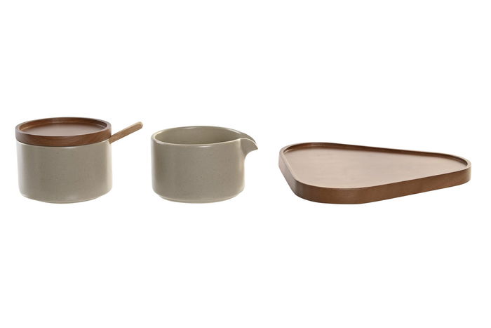 DKD Home Decor Azucarero y Lechera Beige Marron Rubberwood Porcelana Set 2 Piezas 18.5 x 7 x 19.5 cm