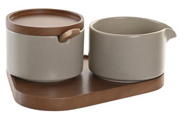 DKD Home Decor Set de Azucarero y Lechera en Madera de Caucho y Porcelana