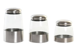 DKD Home Decor Bote Cristal y Acero Inoxidable Plateado Transparente con Cierre Hermético Set de 3 Piezas 12.5 x 12.5 x 21 cm