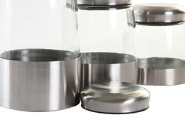 DKD Home Decor Bote Cristal y Acero Inoxidable Plateado Transparente con Cierre Hermético Set de 3 Piezas 12.5 x 12.5 x 21 cm