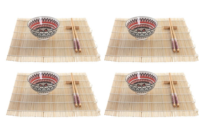 DKD Home Decor Sushi Set Mandala 16 Piezas en Gres y Bambú
