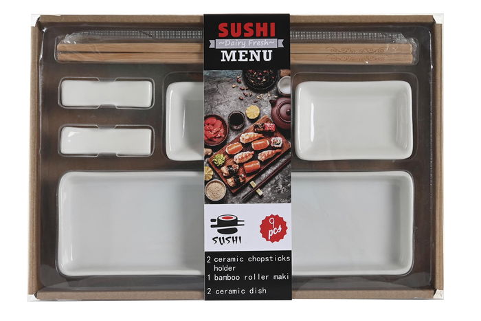 DKD Home Decor Set de 7 Piezas Sushi Oriental Blanco Natural Gres Bambú 24 x 7 x 2 cm