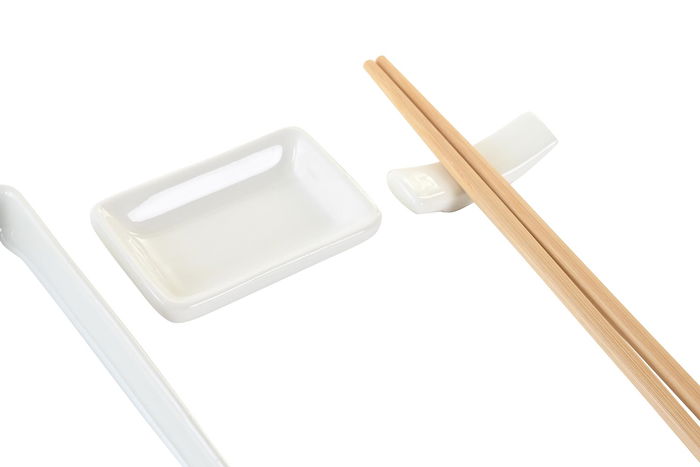 DKD Home Decor Set de 7 Piezas Sushi Oriental Blanco Natural Gres Bambú 24 x 7 x 2 cm