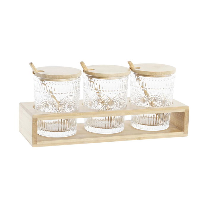 DKD Home Decor Set de Azucarero 3 Piezas de Cristal y Bambú