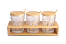 DKD Home Decor Set de Azucarero 3 Piezas de Cristal y Bambú